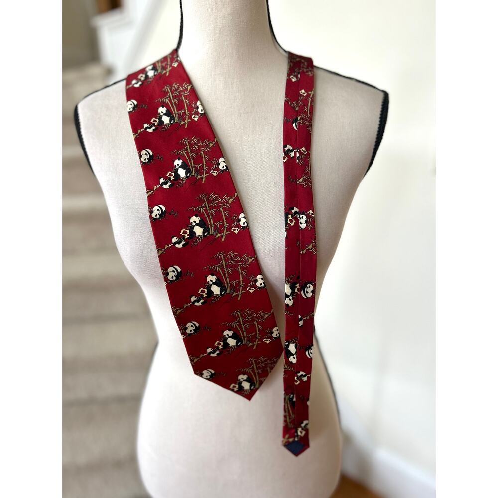 Vintage Giorgio Armani Red Silk Panda & Bamboo Print Tie